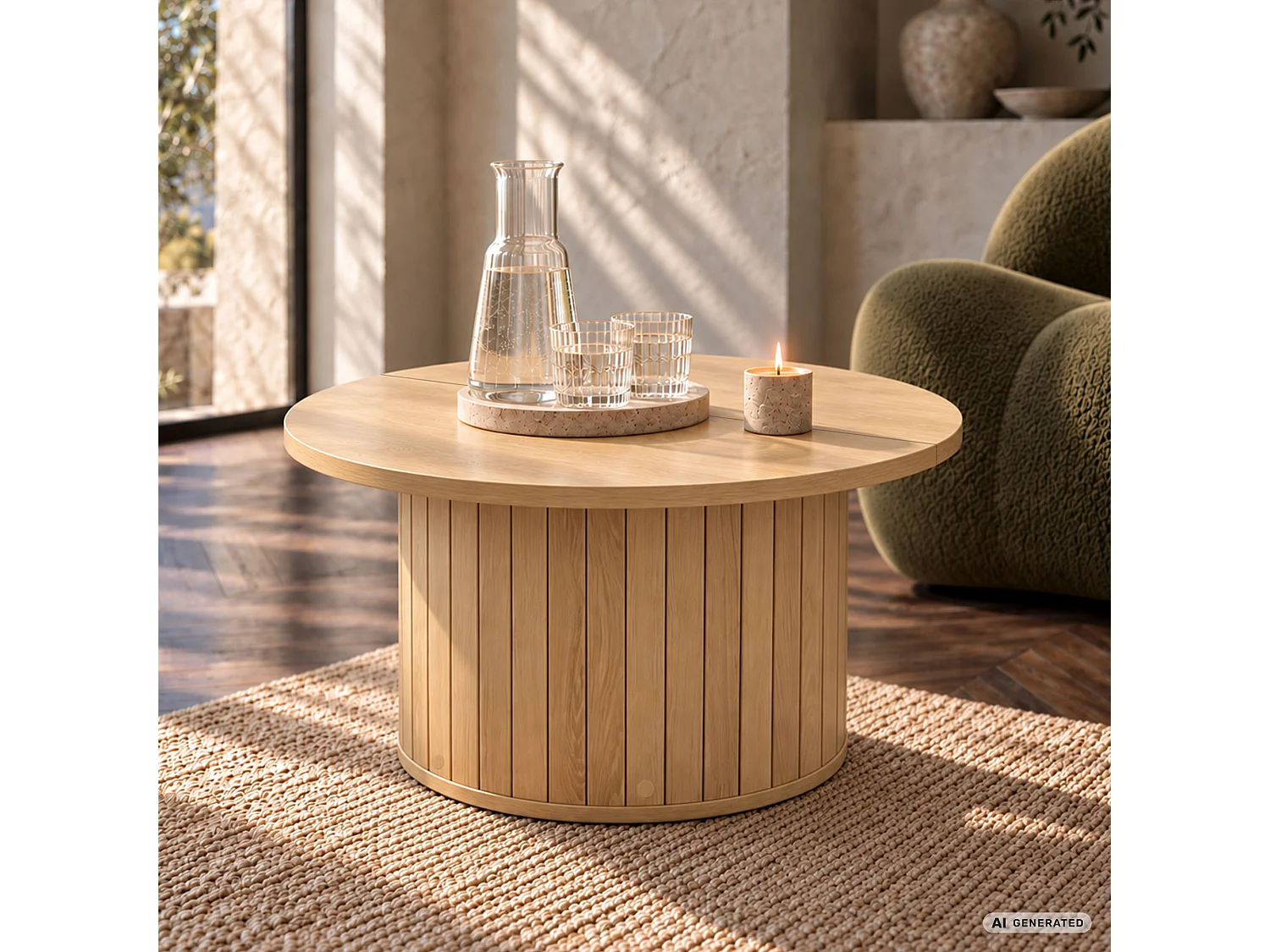 Stolik kawowy NUBO Naturalne Drewno 80 cm okrągły ryflowany 80x80x45 cm