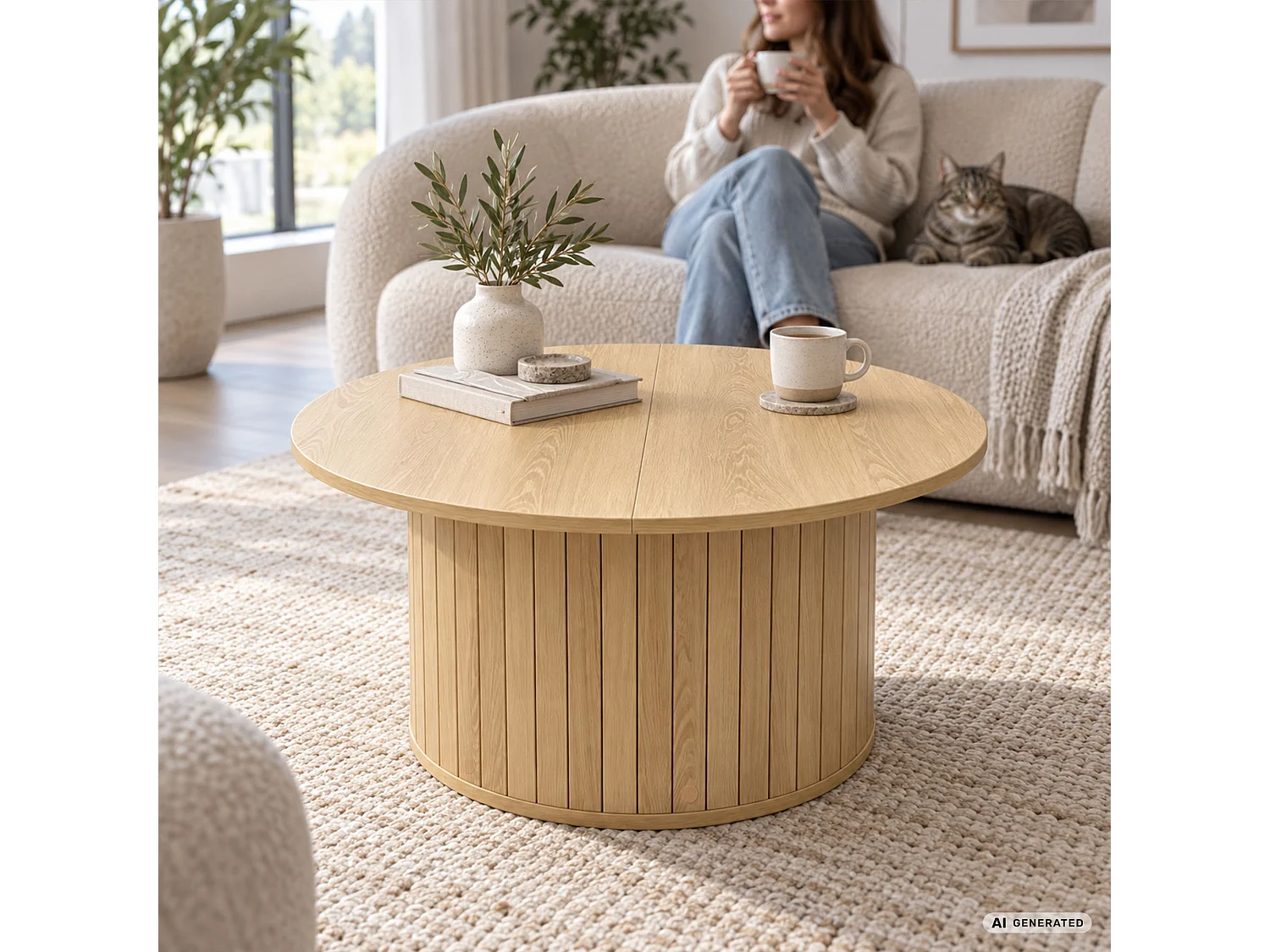 Stolik kawowy NUBO Naturalne Drewno 80 cm okrągły ryflowany 80x80x45 cm
