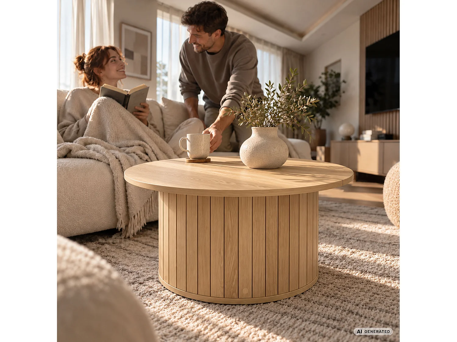 Stolik kawowy NUBO Naturalne Drewno 80 cm okrągły ryflowany 80x80x45 cm