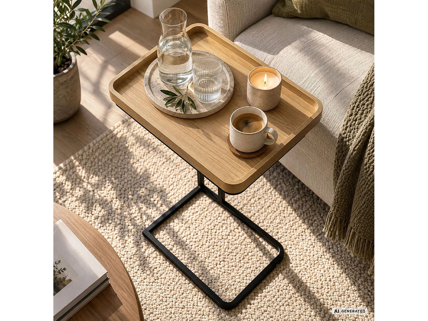 Mesa de apoio HYGGO efeito madeira natural, retangular, estrutura preta estilo industrial, 40x30x60 cm