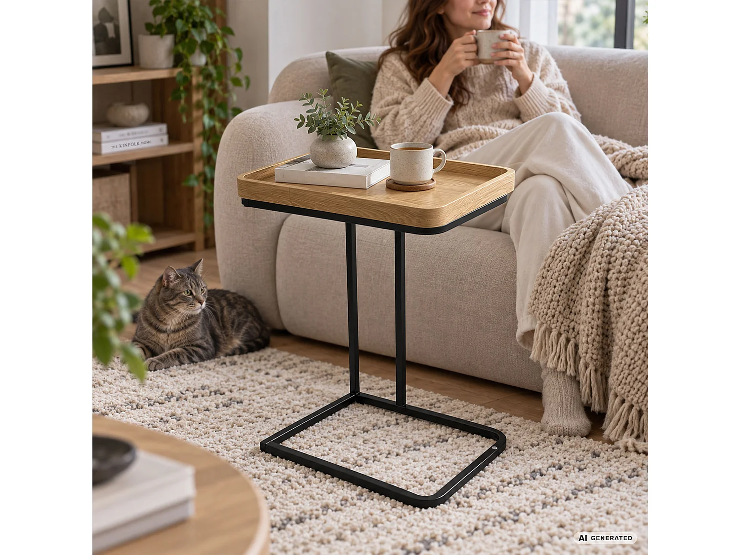 Mesa de apoio HYGGO efeito madeira natural, retangular, estrutura preta estilo industrial, 40x30x60 cm