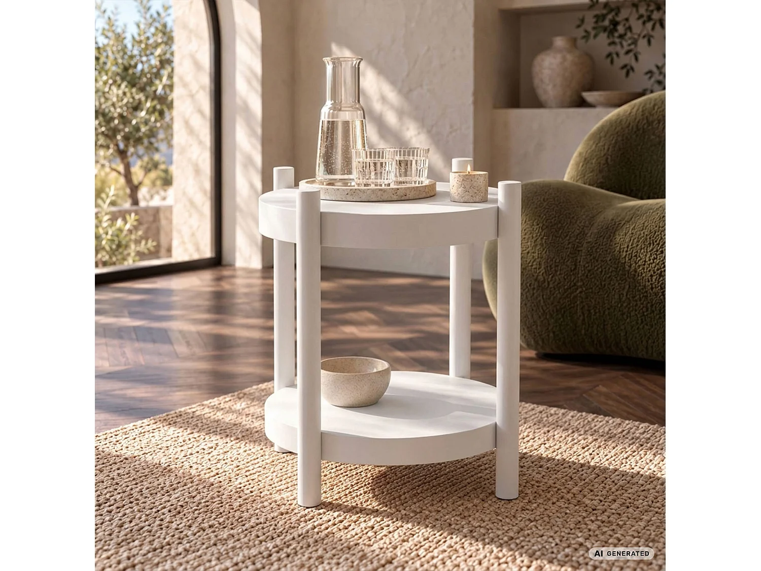 Mesa de centro TERRA branca, redonda com prateleira, 44,5x44,5x48 cm