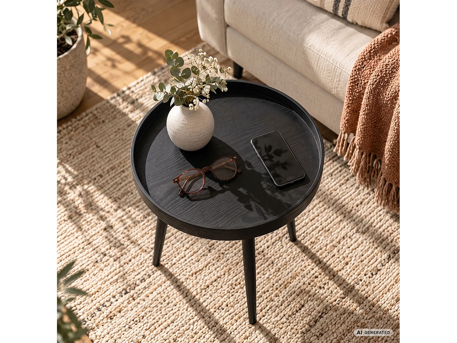 Mesa de centro PICCO preta, redonda com rebordo elevado, pernas pretas estilo industrial, 40x40x40 cm