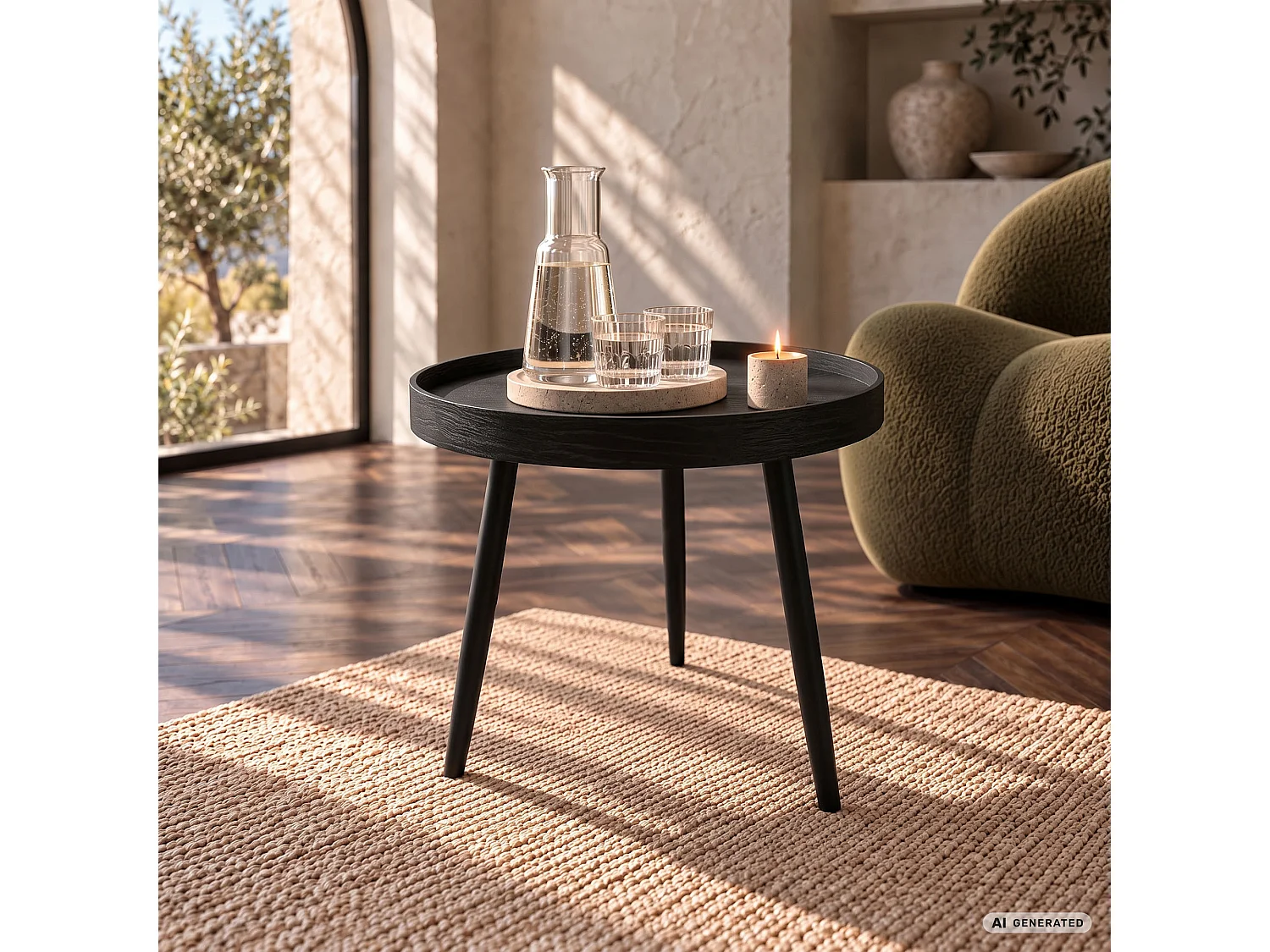 Mesa de centro PICCO preta, redonda com rebordo elevado, pernas pretas estilo industrial, 40x40x40 cm