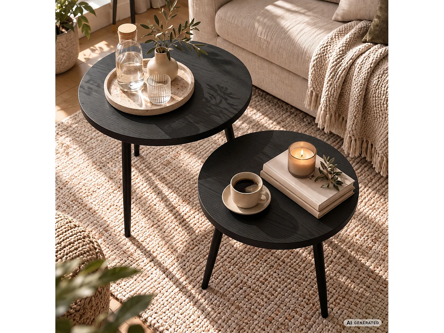 Juego de 2 mesas de centro TWINO negras, redondas, patas negras, 52x52x45 cm y 38x38x38 cm