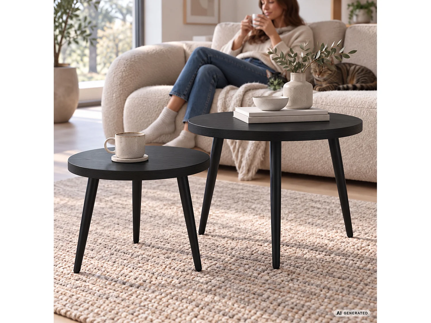 Juego de 2 mesas de centro TWINO negras, redondas, patas negras, 52x52x45 cm y 38x38x38 cm