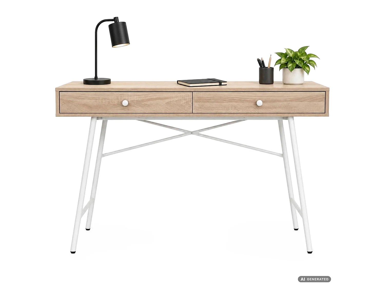 Bureau d'ordinateur SKANDIA chêne Sonoma 120 cm 2 tiroirs piètement blanc style industriel 120x50x80,5 cm