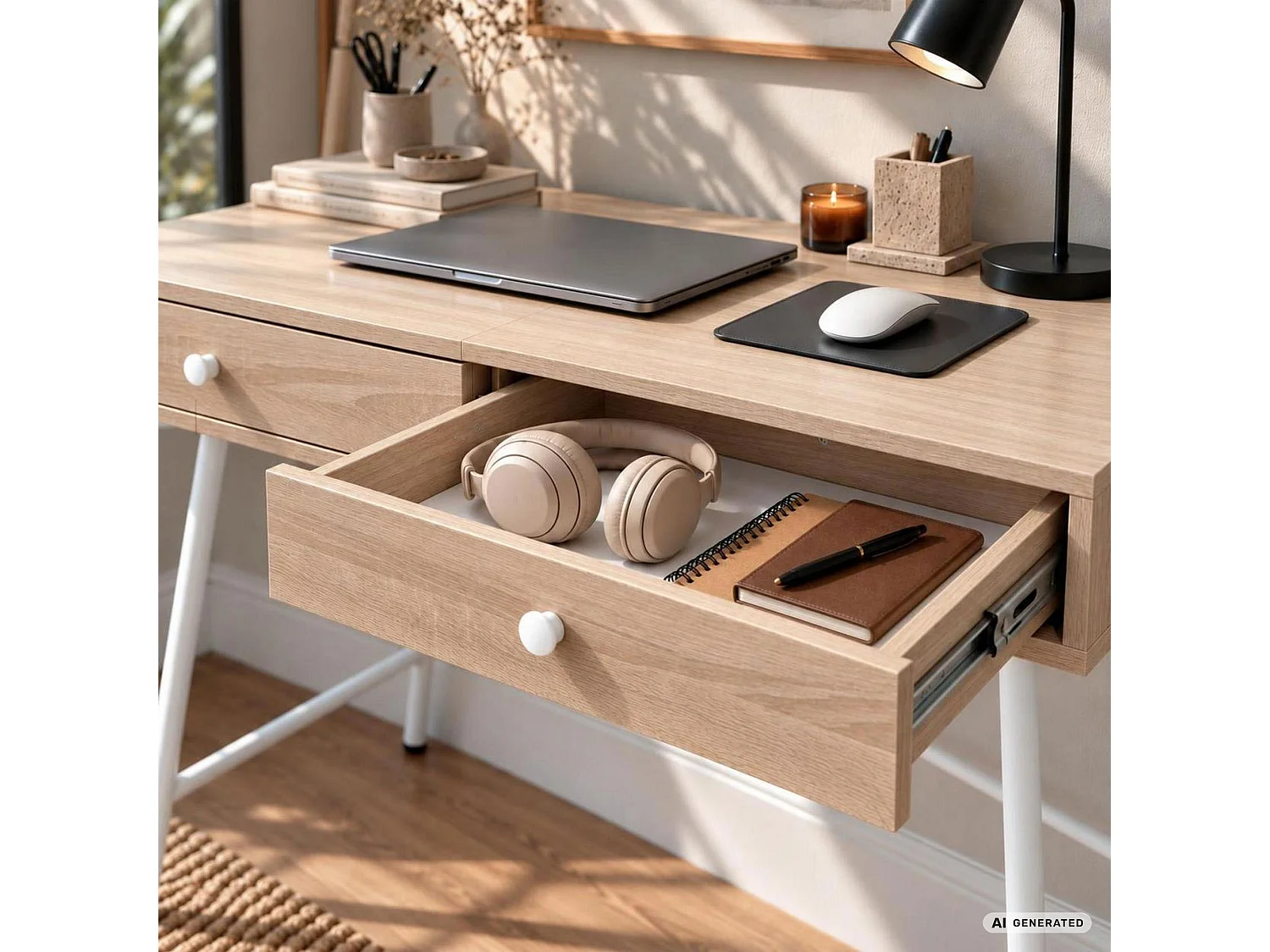 Bureau d'ordinateur SKANDIA chêne Sonoma 120 cm 2 tiroirs piètement blanc style industriel 120x50x80,5 cm
