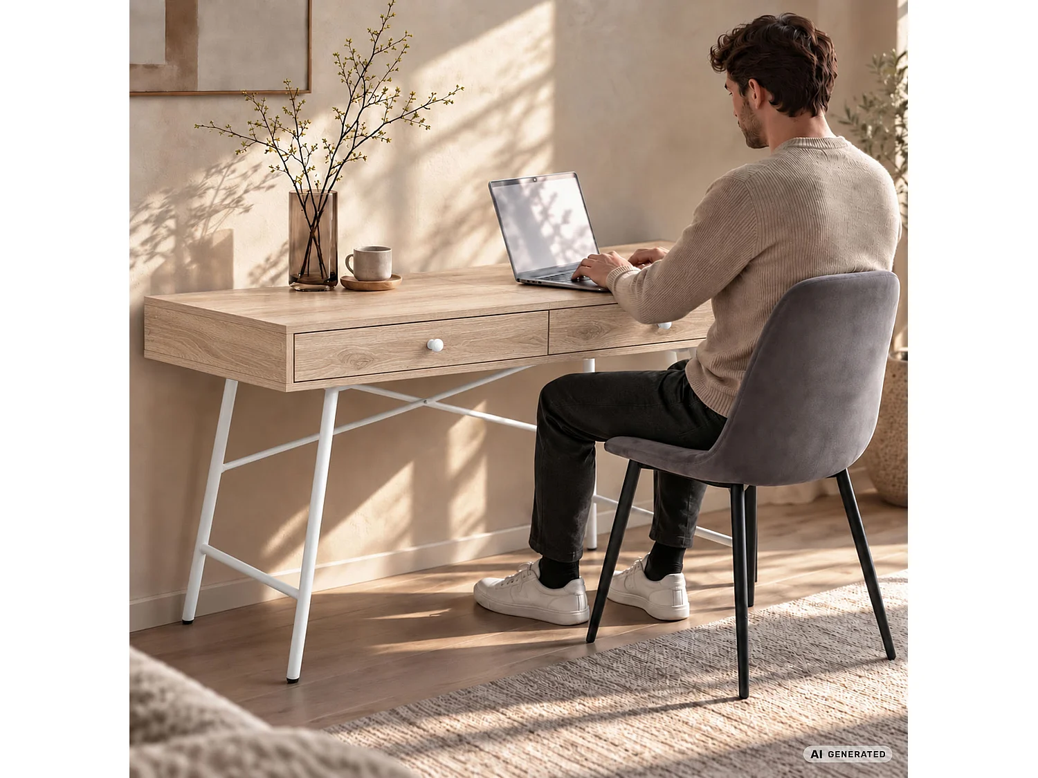 Bureau d'ordinateur SKANDIA chêne Sonoma 120 cm 2 tiroirs piètement blanc style industriel 120x50x80,5 cm