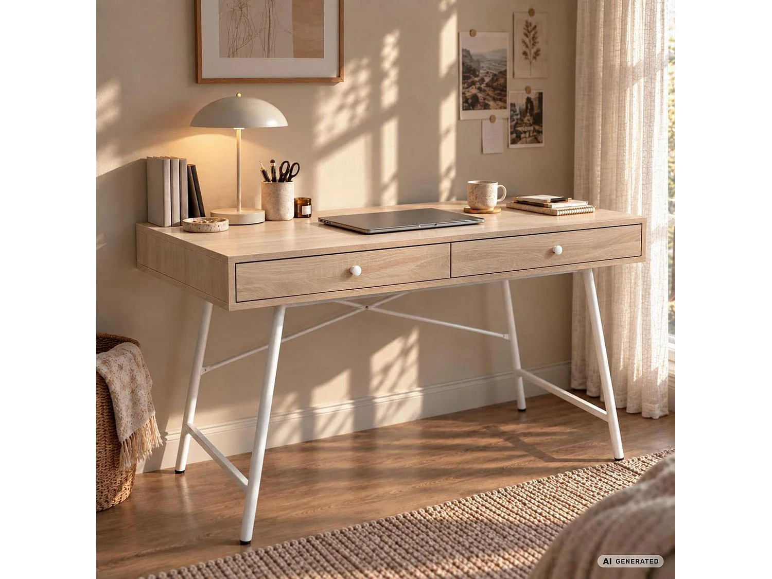 Bureau d'ordinateur SKANDIA chêne Sonoma 120 cm 2 tiroirs piètement blanc style industriel 120x50x80,5 cm