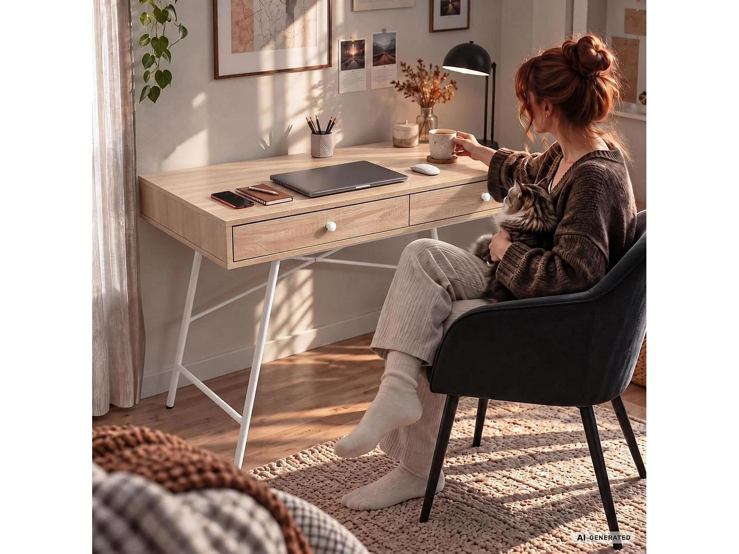 Bureau d'ordinateur SKANDIA chêne Sonoma 120 cm 2 tiroirs piètement blanc style industriel 120x50x80,5 cm