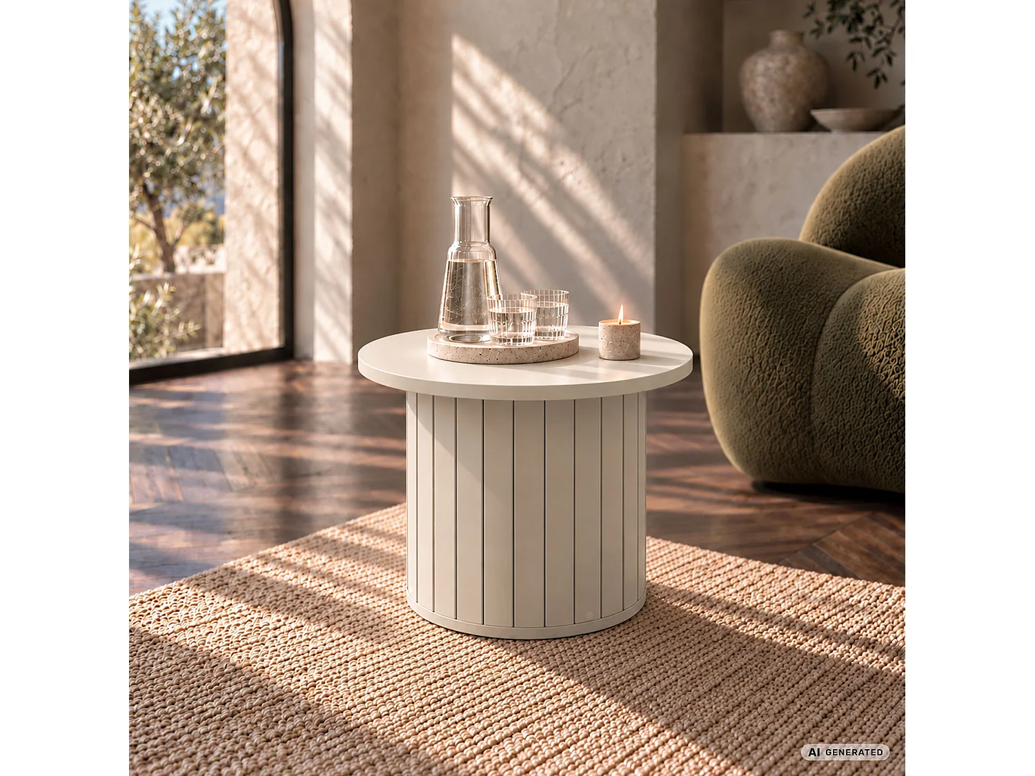 Mesa de centro NUBO caxemira, redonda canelada, 48x48x42 cm