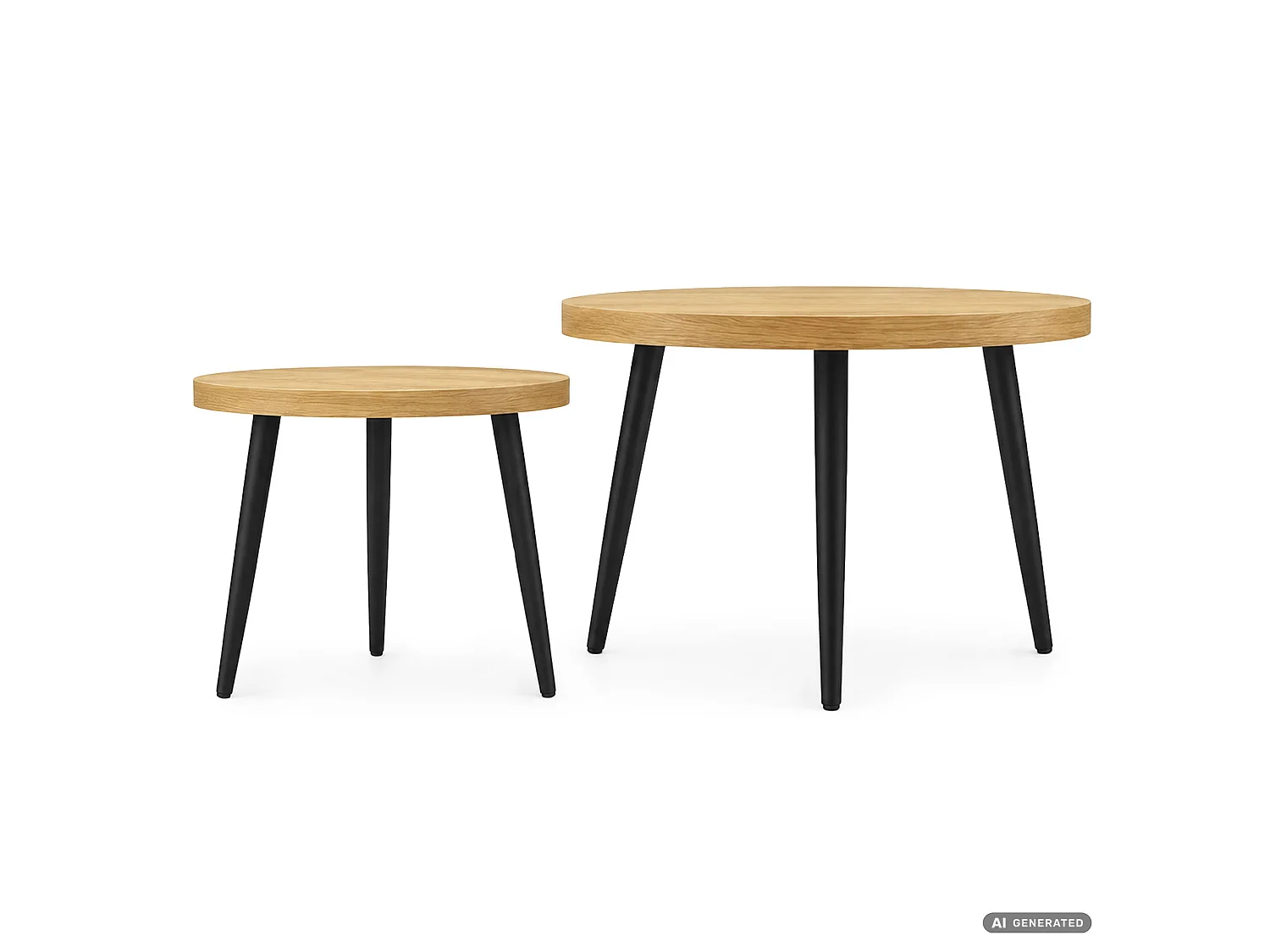 Zestaw 2 stolików kawowych TWINO Naturalne Drewno 52 cm okrągłe czarne nogi 52x52x45 cm i 38x38x38 cm