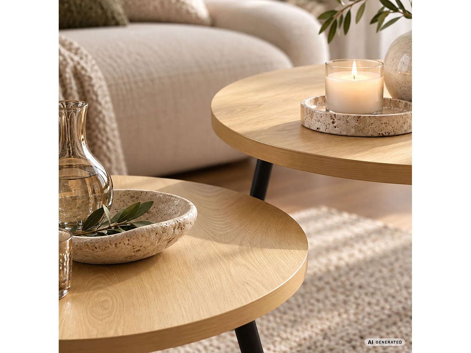 Zestaw 2 stolików kawowych TWINO Naturalne Drewno 52 cm okrągłe czarne nogi 52x52x45 cm i 38x38x38 cm