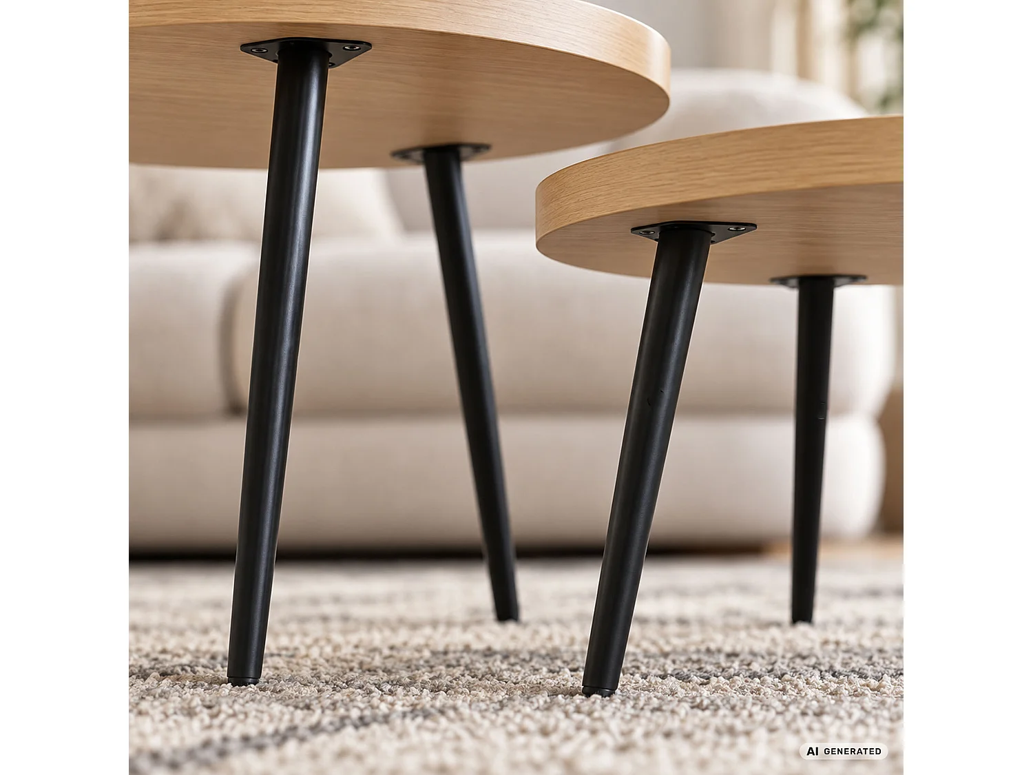 Zestaw 2 stolików kawowych TWINO Naturalne Drewno 52 cm okrągłe czarne nogi 52x52x45 cm i 38x38x38 cm
