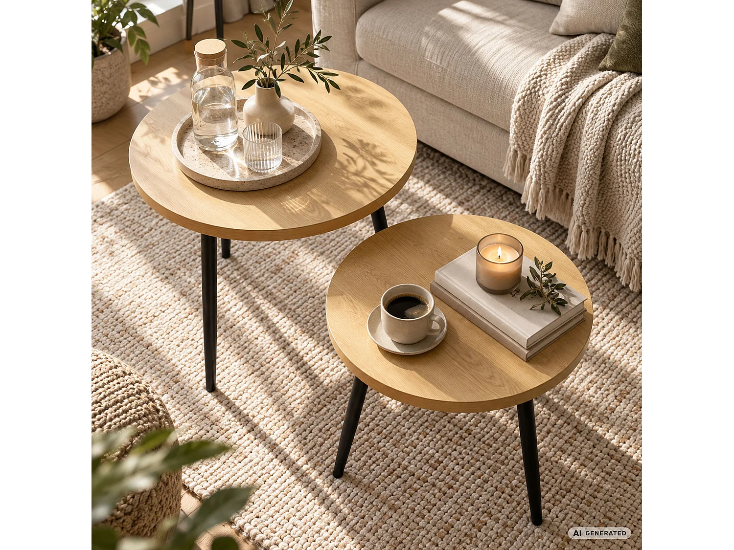 Zestaw 2 stolików kawowych TWINO Naturalne Drewno 52 cm okrągłe czarne nogi 52x52x45 cm i 38x38x38 cm