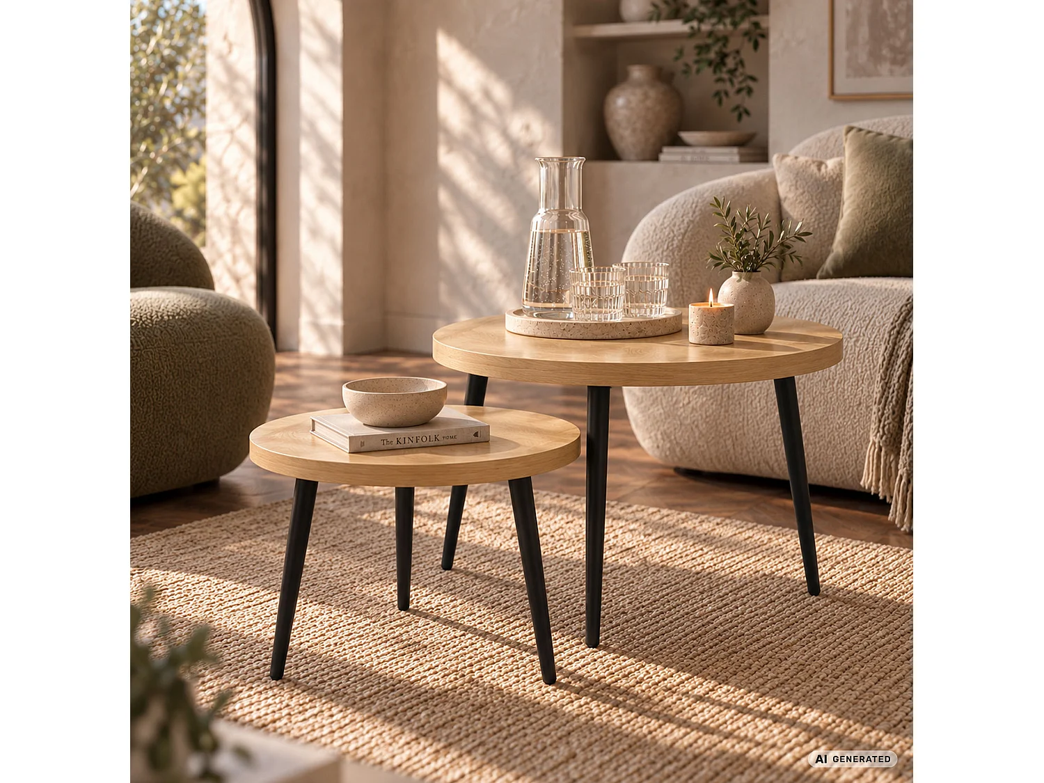 Zestaw 2 stolików kawowych TWINO Naturalne Drewno 52 cm okrągłe czarne nogi 52x52x45 cm i 38x38x38 cm