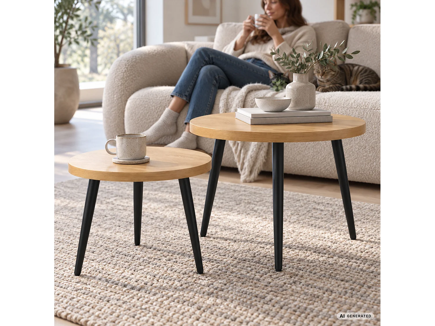 Zestaw 2 stolików kawowych TWINO Naturalne Drewno 52 cm okrągłe czarne nogi 52x52x45 cm i 38x38x38 cm