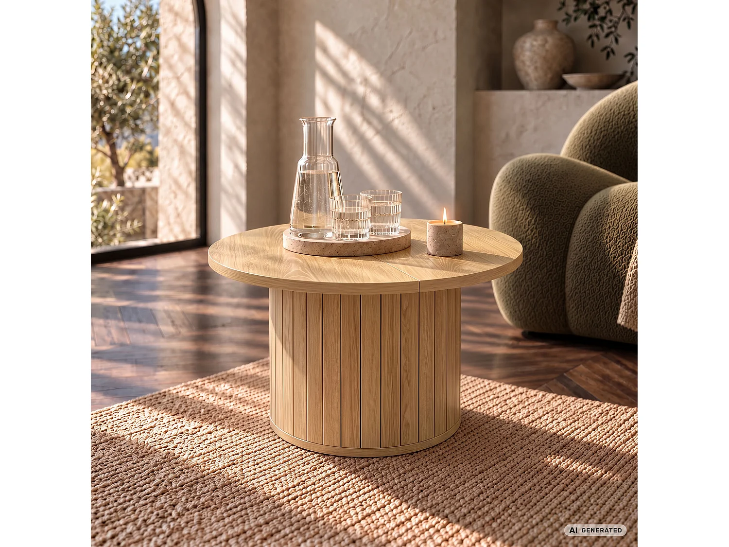 Stolik kawowy NUBO Naturalne Drewno 60 cm okrągły ryflowany 60x60x45 cm