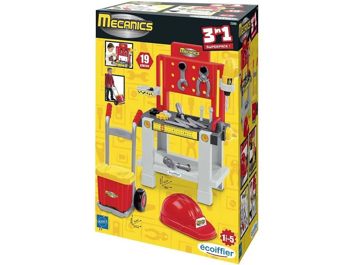 Ecoiffier Super Pack Mécanics - Ensemble d'outils et établi 3-en-1 pour enfant, 19 pièces