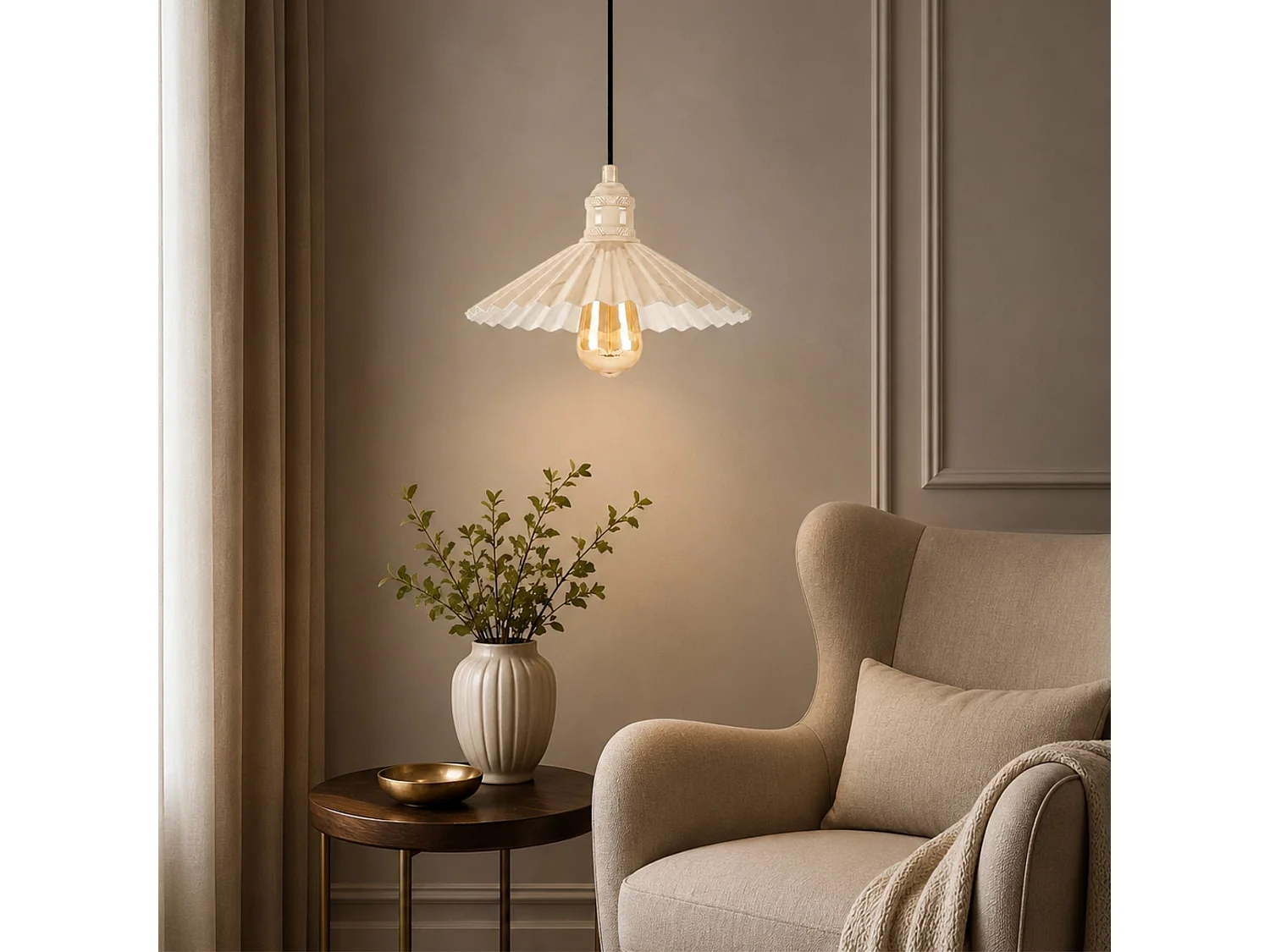 "Plise" Ljuskrona - Metall Pendellampa 32x32 cm Beige