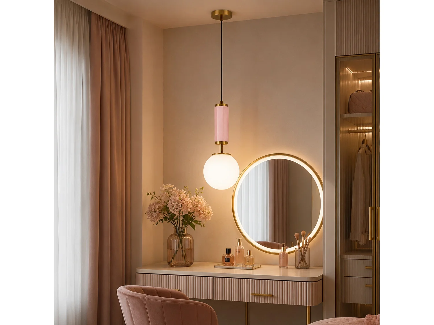 Lampe suspendue en métal "Moira" - 15 x 15 x 120 cm - Rose