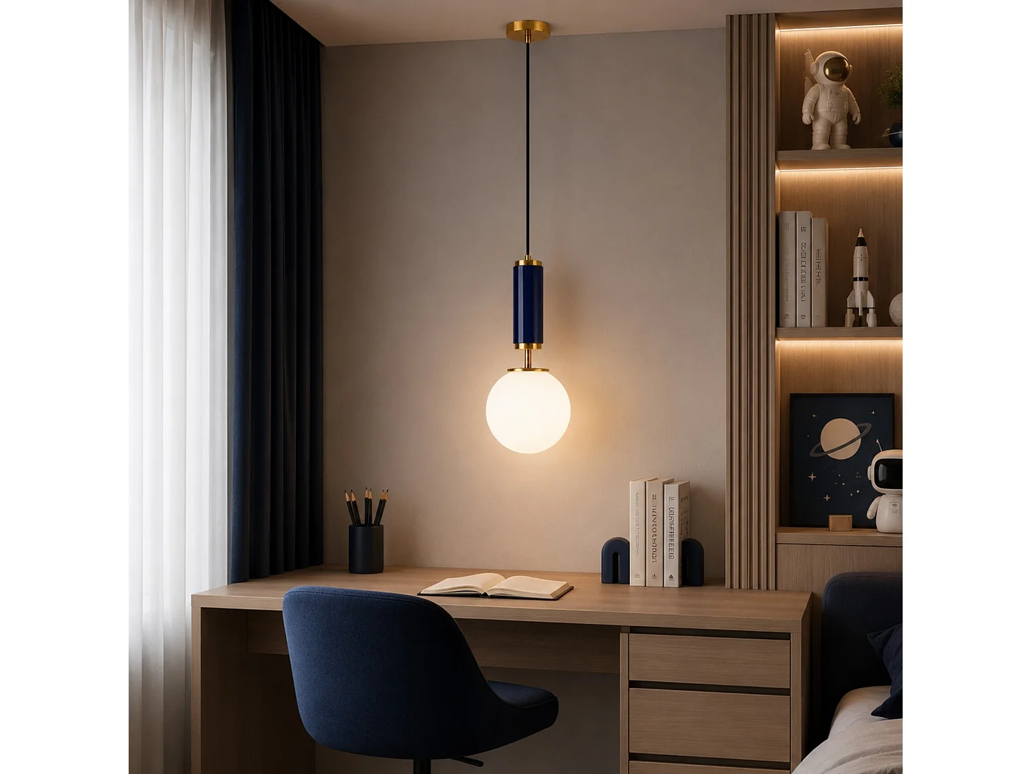 Lampadario "Moira" in Metallo e Vetro Blu Navy - 15 x 15 x 120 cm