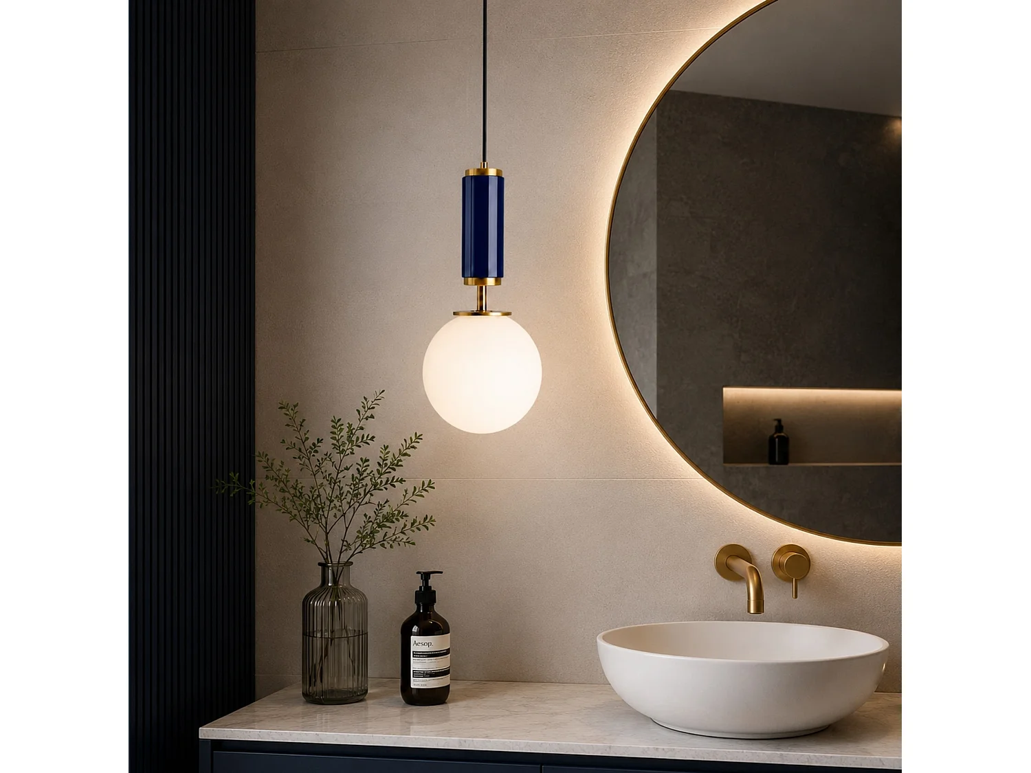 Lampadario "Moira" in Metallo e Vetro Blu Navy - 15 x 15 x 120 cm