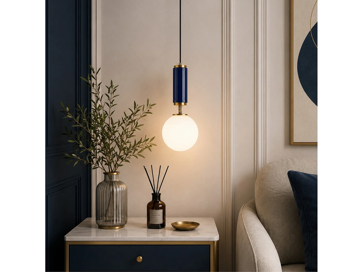Lampadario "Moira" in Metallo e Vetro Blu Navy - 15 x 15 x 120 cm