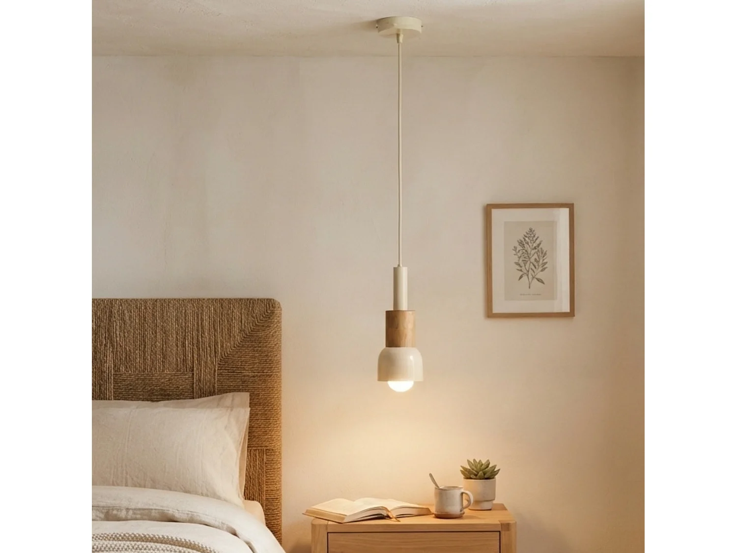 "Elwood" Beige Metall och Trä Pendel Ljuskrona - Justerbar Höjd 30-90 cm