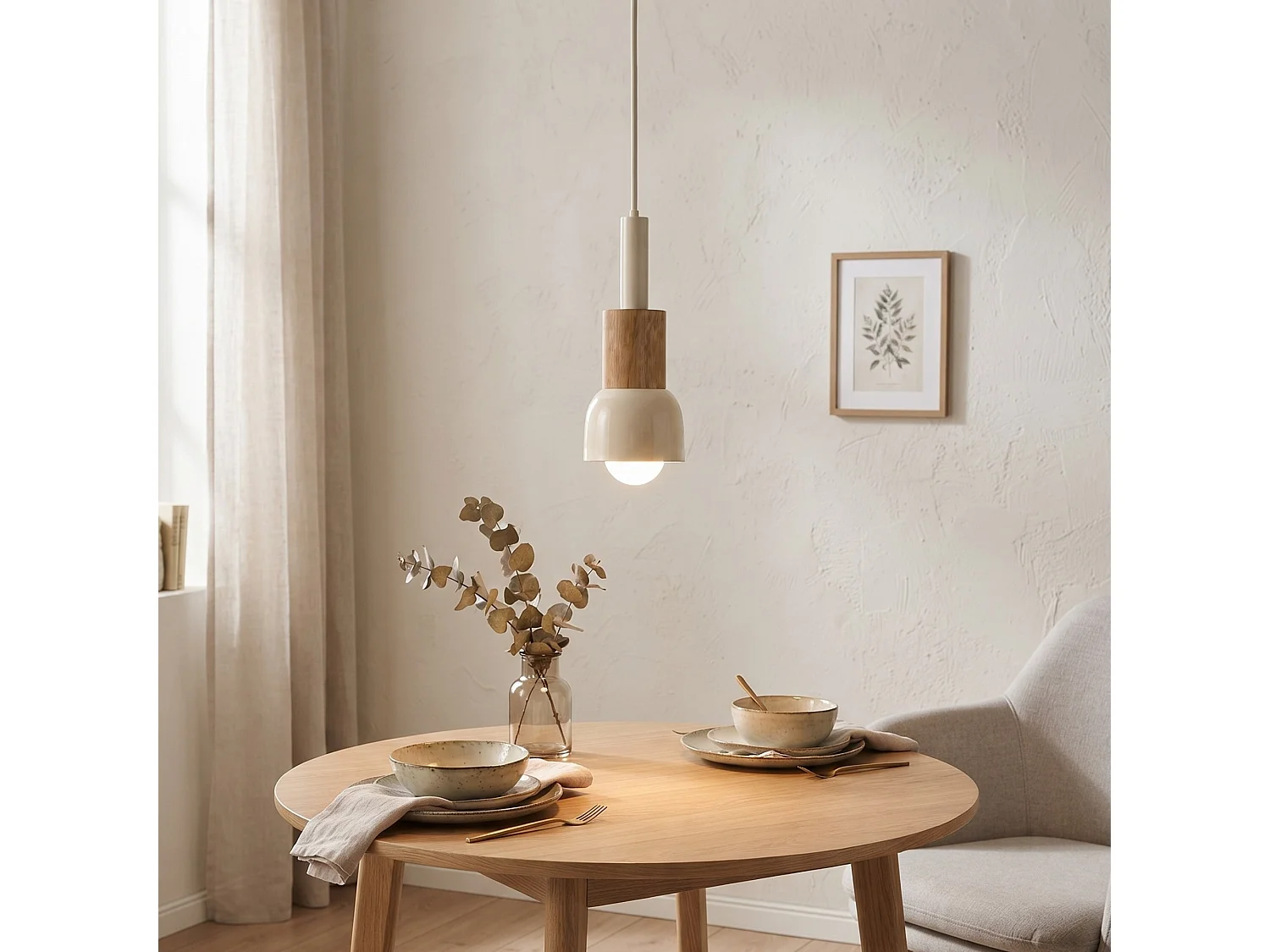 "Elwood" Beige Metall och Trä Pendel Ljuskrona - Justerbar Höjd 30-90 cm
