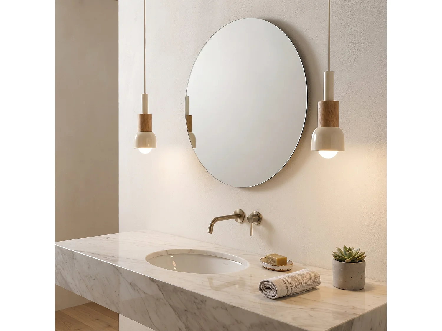 "Elwood" Beige Metall och Trä Pendel Ljuskrona - Justerbar Höjd 30-90 cm