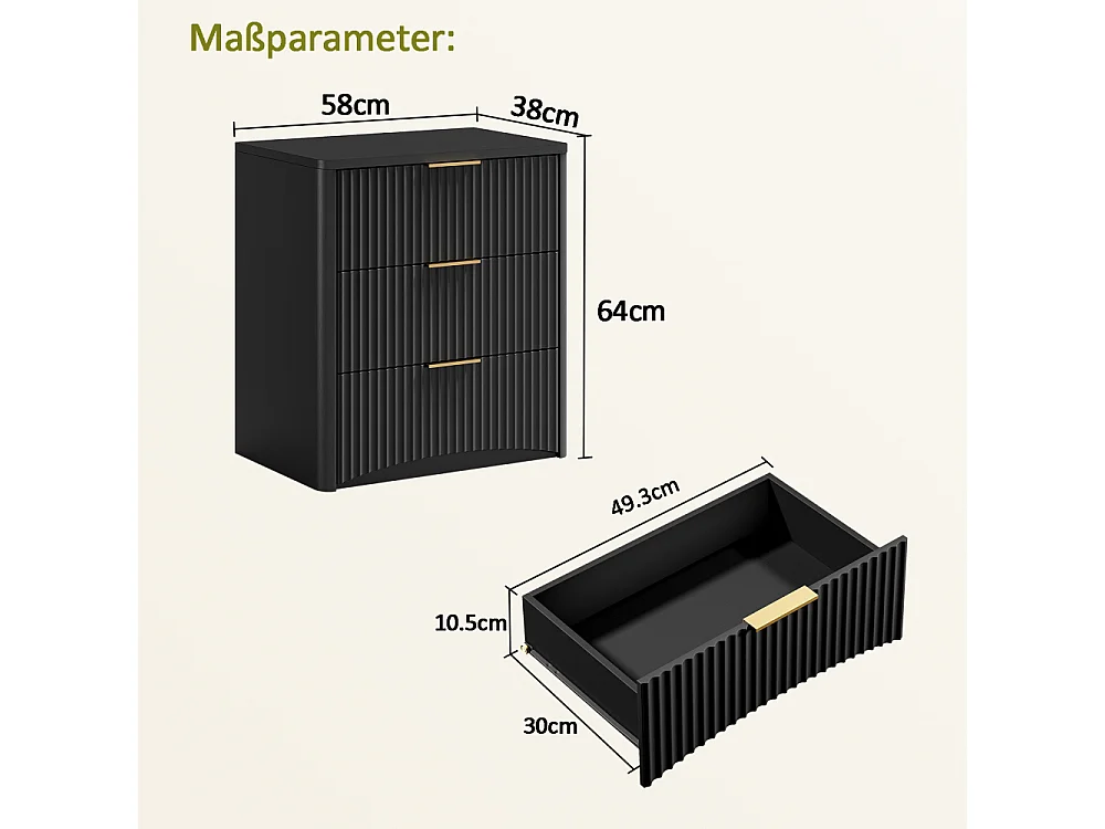 Klassischer Komfort mit 3 großen Schubladen, elegantem Scanal-Design, edlen Metallgriffen und stabilen, geräuschlosen Führungen