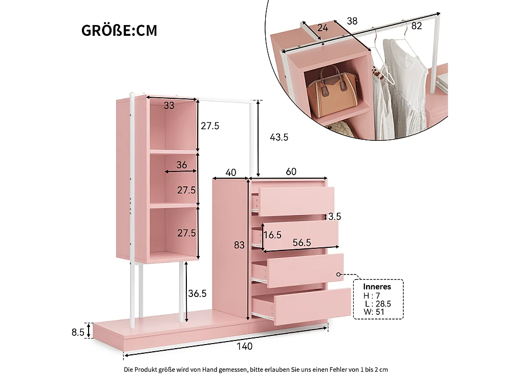 Commode avec penderie, armoire dressing 4 tiroirs, 3 étagères et tringle à vêtements, 140 × 40 × 135 cm
