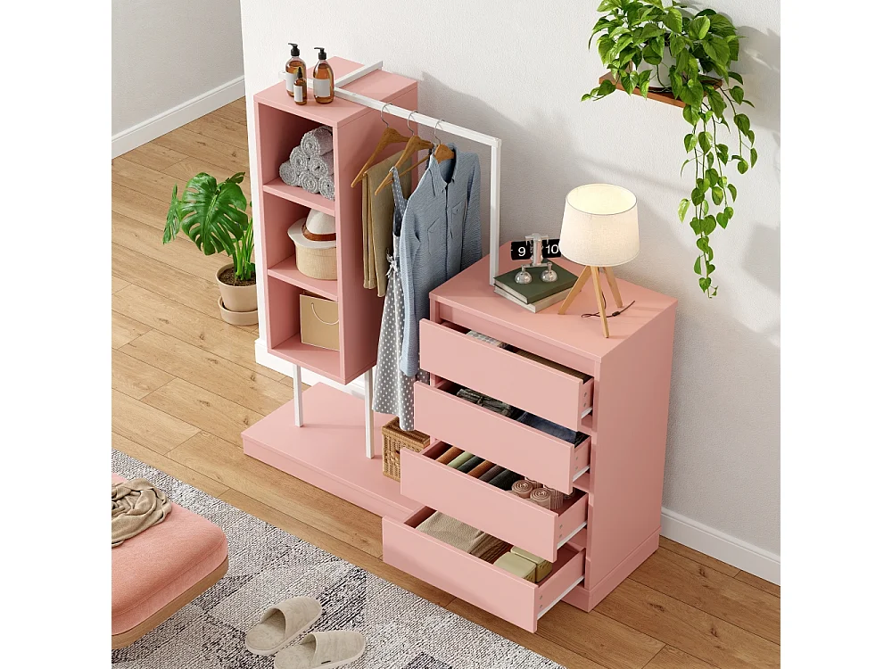 Commode avec penderie, armoire dressing 4 tiroirs, 3 étagères et tringle à vêtements, 140 × 40 × 135 cm