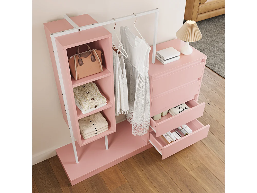 Commode avec penderie, armoire dressing 4 tiroirs, 3 étagères et tringle à vêtements, 140 × 40 × 135 cm