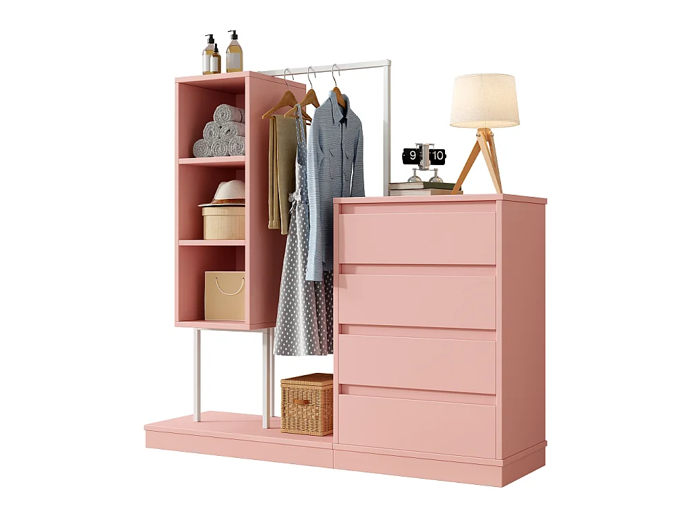Commode avec penderie, armoire dressing 4 tiroirs, 3 étagères et tringle à vêtements, 140 × 40 × 135 cm