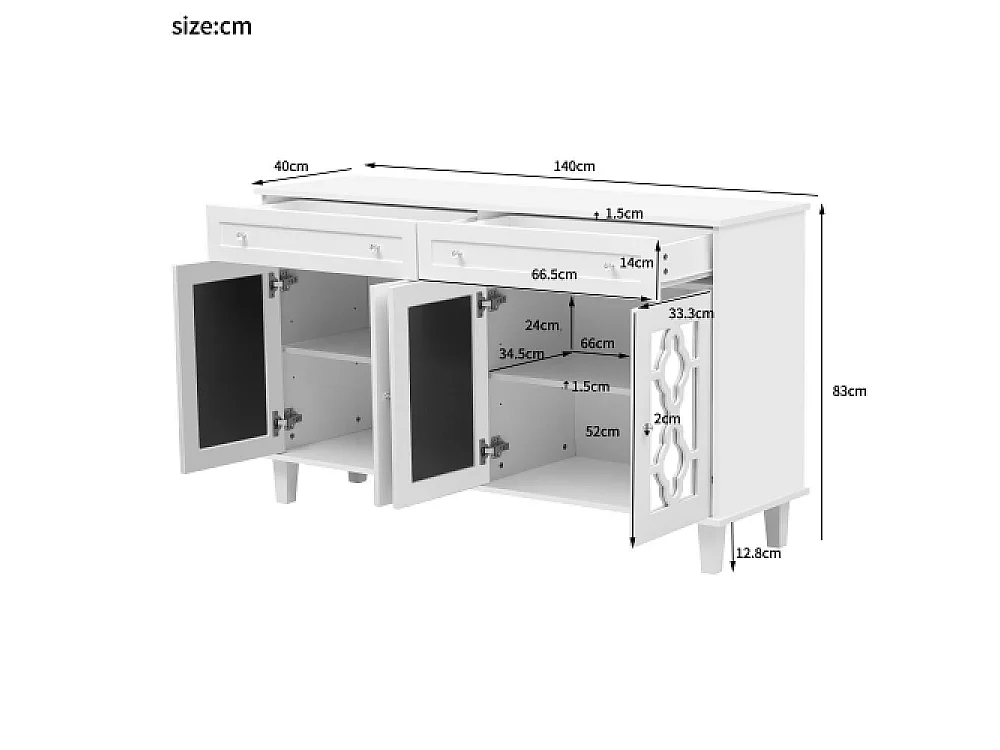 Dressoir met spiegeldeuren, ladekast, verstelbare planken en kristallen handgrepen, 140x83x40cm