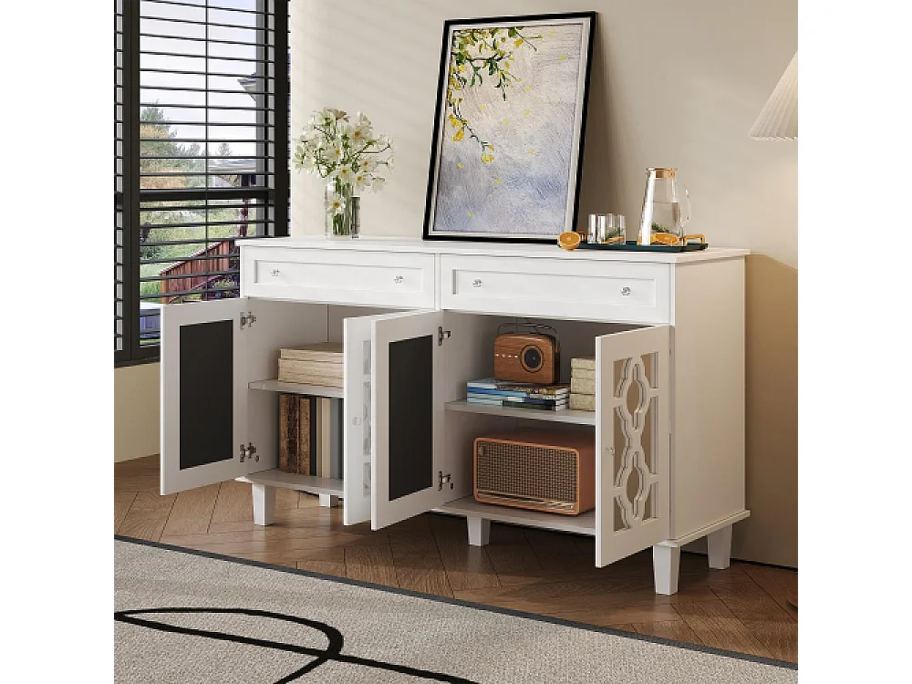 Dressoir met spiegeldeuren, ladekast, verstelbare planken en kristallen handgrepen, 140x83x40cm