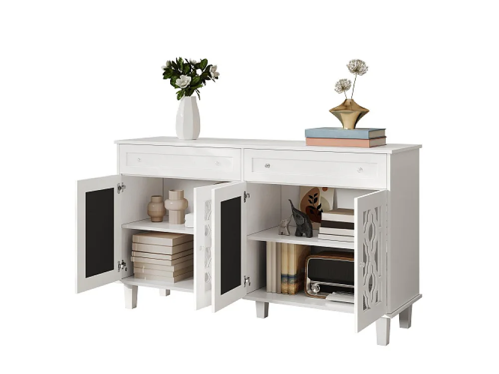 Dressoir met spiegeldeuren, ladekast, verstelbare planken en kristallen handgrepen, 140x83x40cm