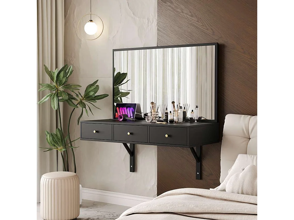 Coiffeuse Murale avec Miroir et 3 Tiroirs – Bureau Maquillage Noir 100×105×45 cm avec Prise Intégrée, Porte-Gobelet et Support Tablette