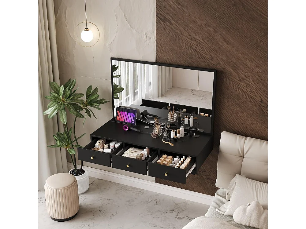 Coiffeuse Murale avec Miroir et 3 Tiroirs – Bureau Maquillage Noir 100×105×45 cm avec Prise Intégrée, Porte-Gobelet et Support Tablette