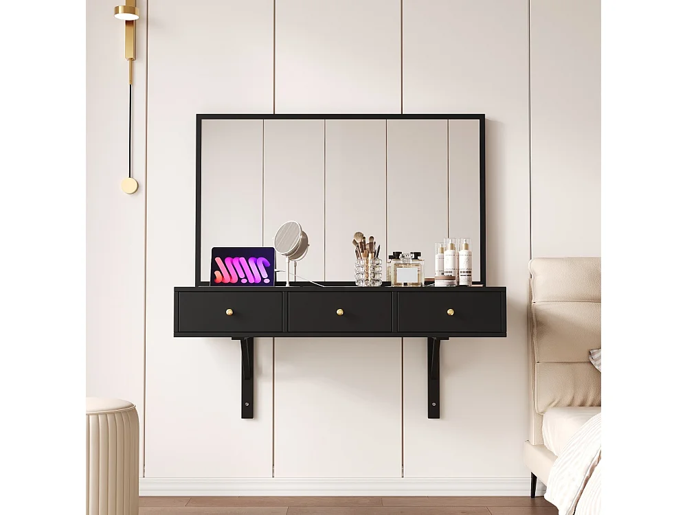 Coiffeuse Murale avec Miroir et 3 Tiroirs – Bureau Maquillage Noir 100×105×45 cm avec Prise Intégrée, Porte-Gobelet et Support Tablette