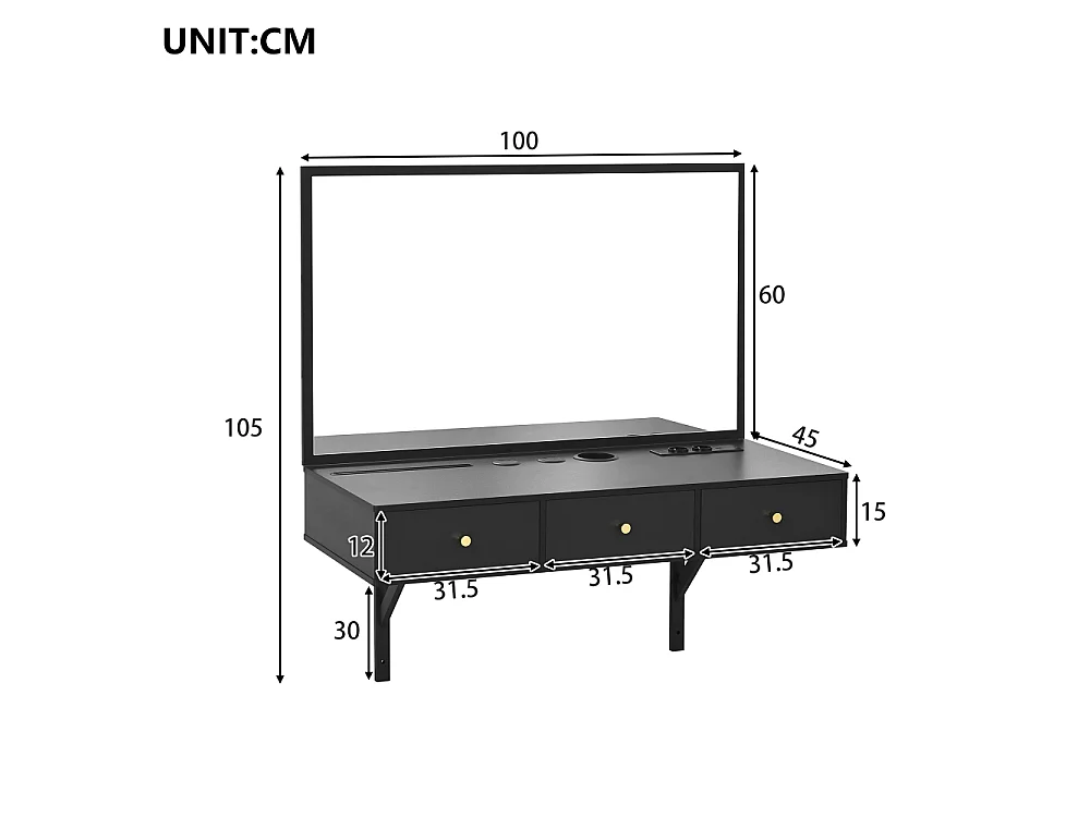 Coiffeuse Murale avec Miroir et 3 Tiroirs – Bureau Maquillage Noir 100×105×45 cm avec Prise Intégrée, Porte-Gobelet et Support Tablette