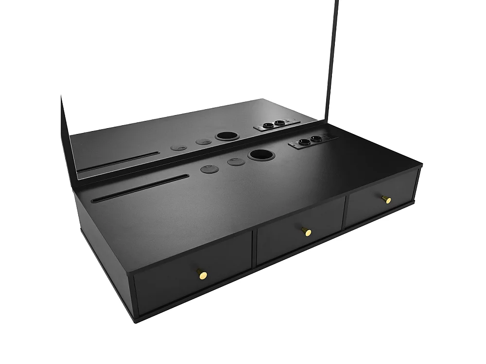 Coiffeuse Murale avec Miroir et 3 Tiroirs – Bureau Maquillage Noir 100×105×45 cm avec Prise Intégrée, Porte-Gobelet et Support Tablette