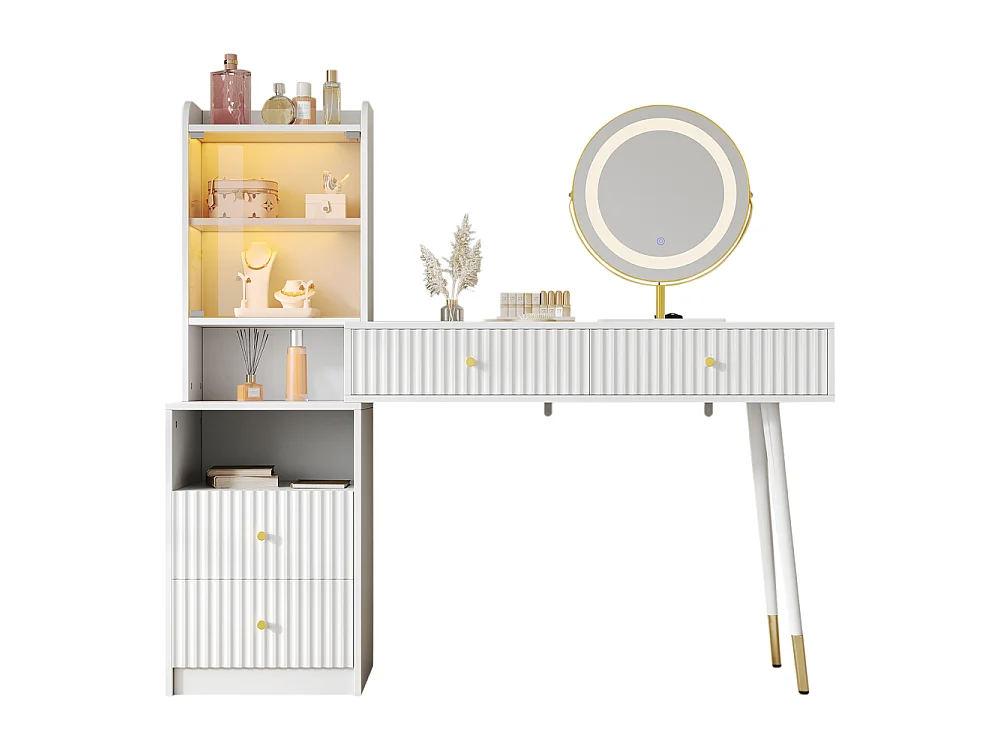Tocador blanco 100 cm – espejo LED 3 colores, 4 cajones, vitrina LED 6000 colores, almacenaje – 100x40x125 cm