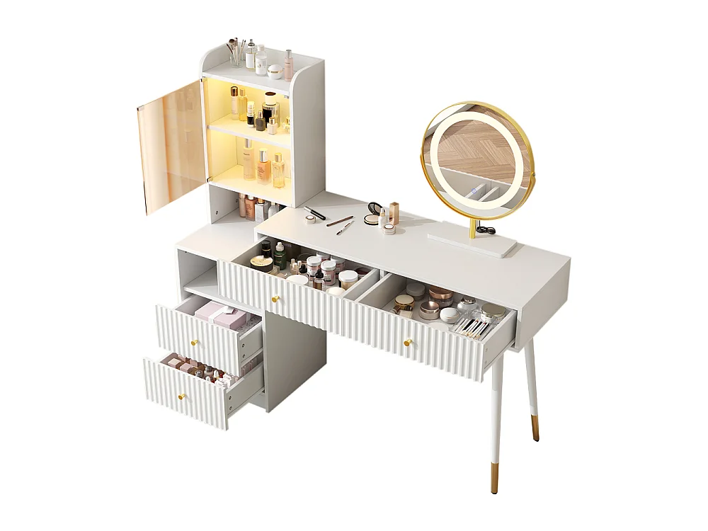 Tocador blanco 100 cm – espejo LED 3 colores, 4 cajones, vitrina LED 6000 colores, almacenaje – 100x40x125 cm