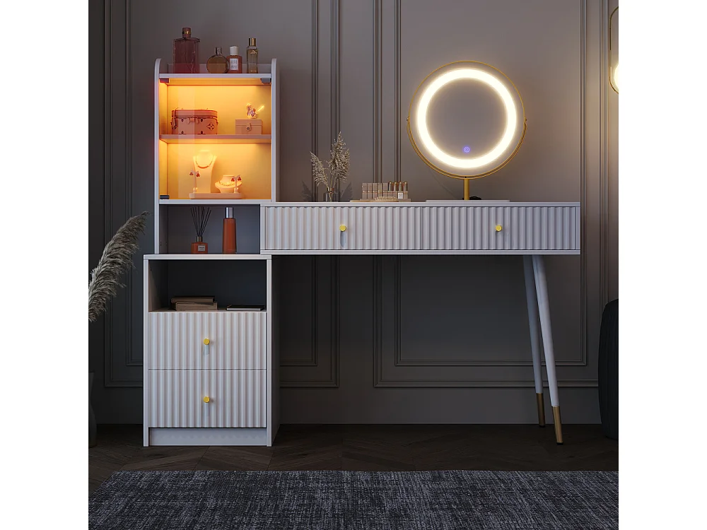 Tocador blanco 100 cm – espejo LED 3 colores, 4 cajones, vitrina LED 6000 colores, almacenaje – 100x40x125 cm