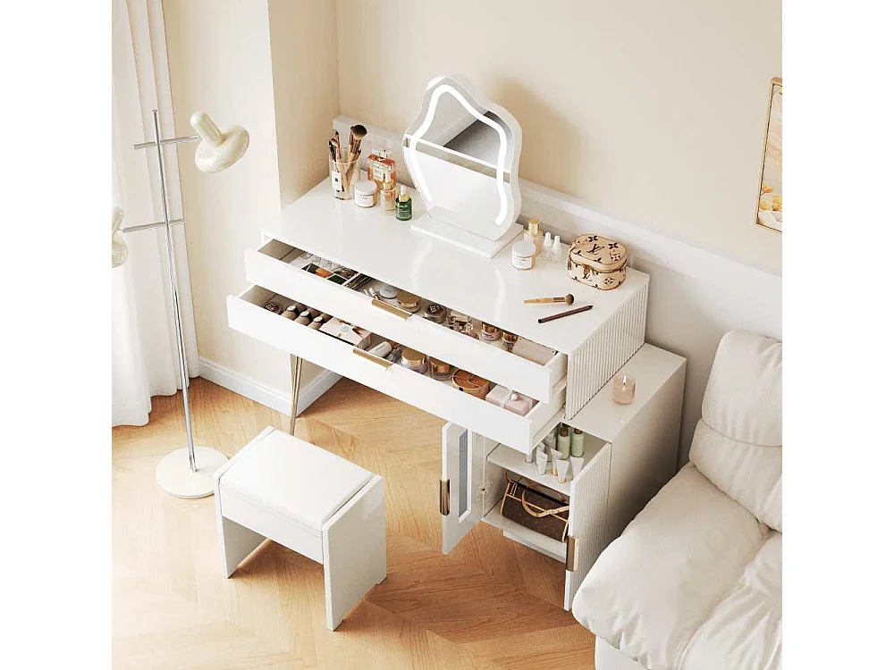Tocador blanco con espejo LED 100 cm – 2 cajones, luz 3 colores, diseño extraíble, montaje flexible – L100/H78/P40 cm