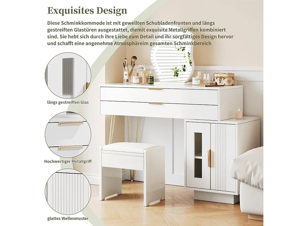 Tocador blanco con espejo LED 100 cm – 2 cajones, luz 3 colores, diseño extraíble, montaje flexible – L100/H78/P40 cm